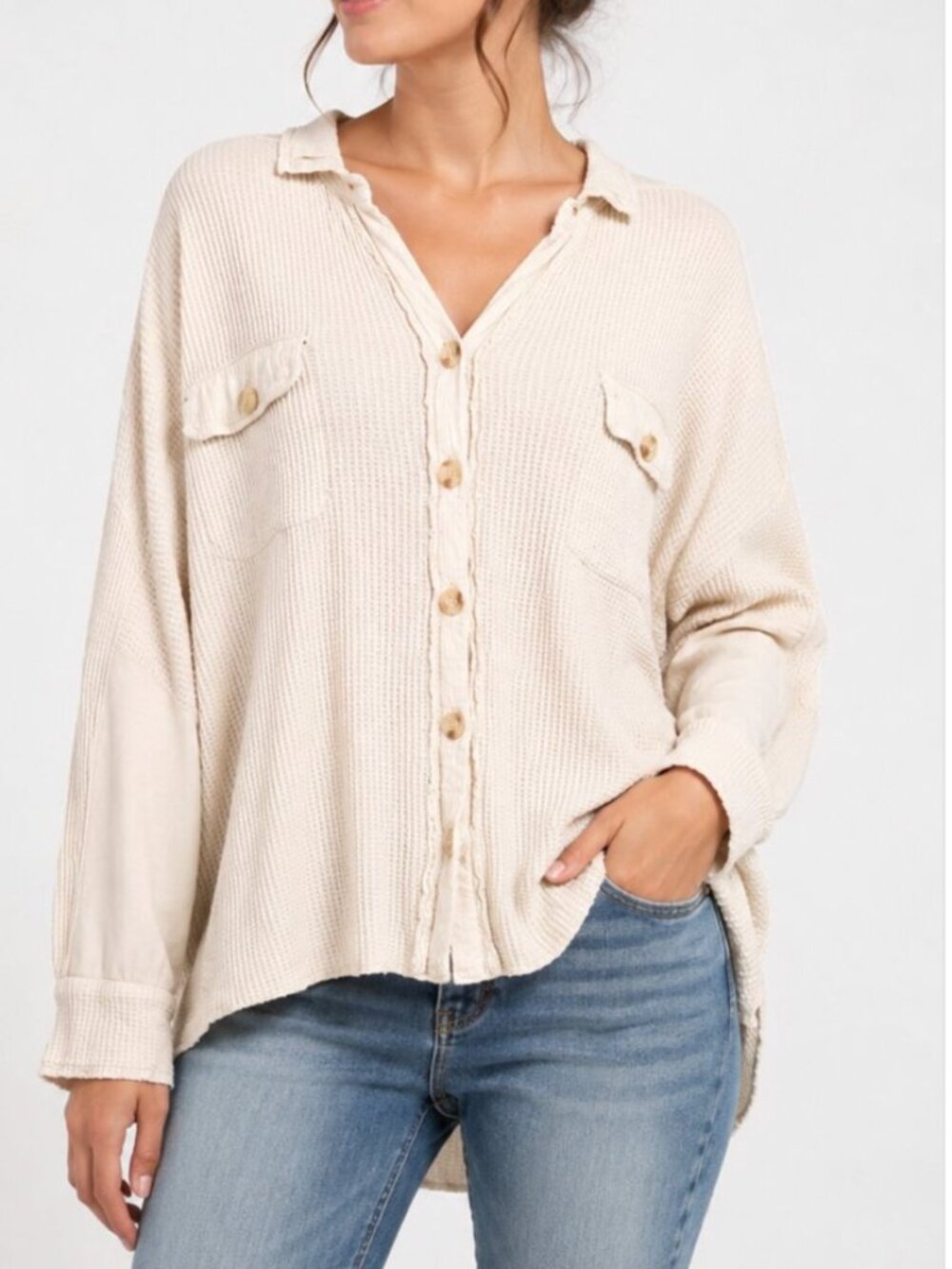 Free People FP One Sz Small Cream Scout Waffle Knit Oversized Shacket Jacket